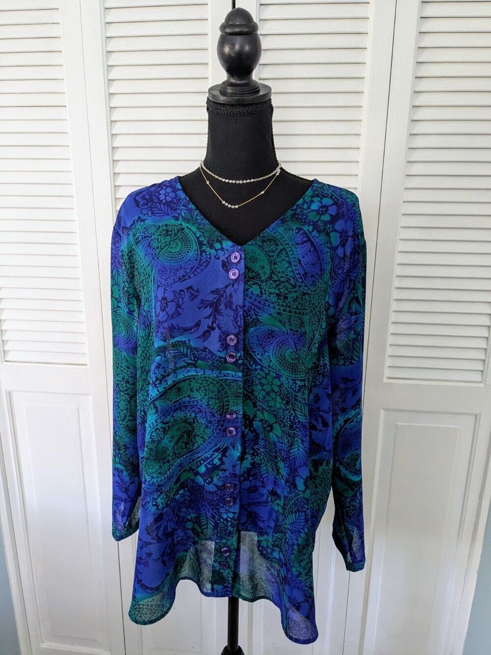 Susan Gail Tunic Women's 16 Vtg Chiffon Semi Sheer Paisley Art Blue Green Blouse